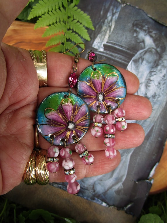 Earrings, Handmade, Dangle, Accessories, Boho, Vintage Beads, Flowers