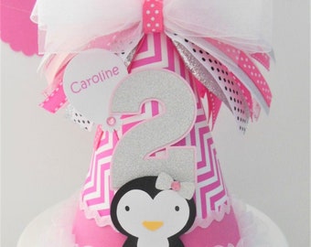 Penguin Birthday Party Hat, Pink Chevron, Candy Pink, Light Pink Silver, Winter Wonderland Party Hat, Personalized