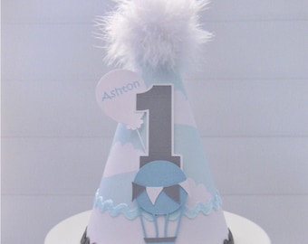 Hot Air Balloon Birthday Party Hat , Up Up and Away Party, Cloud Blue, Light Blue, Grey, White, Personalized