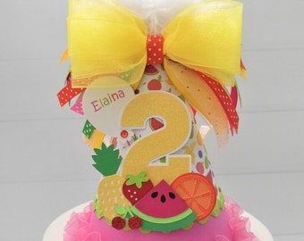 Tutti Frutti Birthday Party Hat, Twotti Frutti, Fruit Medley, Fruit, Glitter Yellow, Orange, Candy Pink, Green, Purple, Personalized