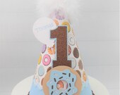 Donut Birthday Party Hat, Bakery Party, Donuts, Light Blue, Tan, Brown, Personalized Il_170x135