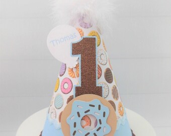 Donut Birthday Party Hat, Bakery Party, Donuts, Light Blue, Tan, Brown, Personalized