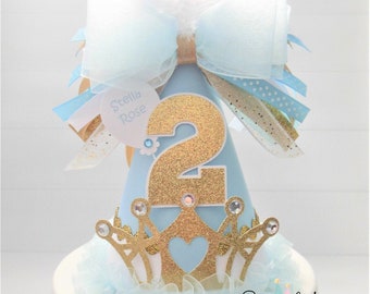 Princess Party Hat, Princess Birthday Hat, Princess Crown, Light Blue, Glitter Gold, White, Personalized
