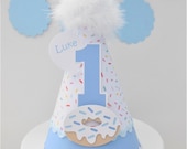 Donut Birthday Party Hat, Sprinkle Party Hat, Bakery Party, Donuts, Powder Blue, White, Personalized Il_170x135