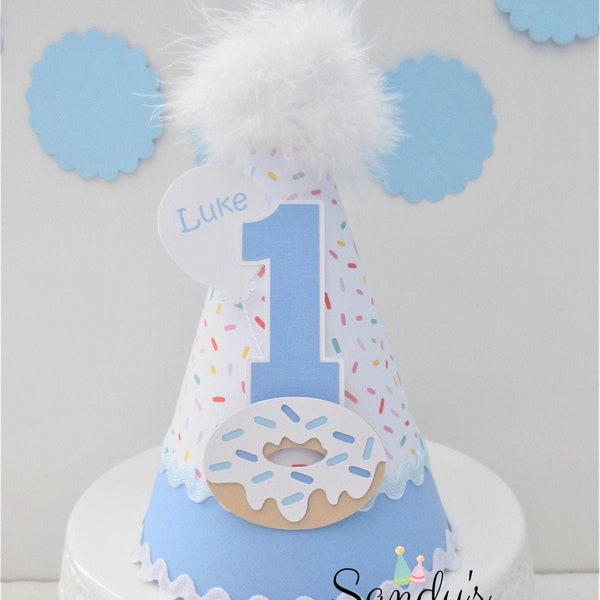 Donut Birthday Party Hat, Sprinkle Party Hat, Bakery Party, Donuts, Powder Blue, White, Personalized