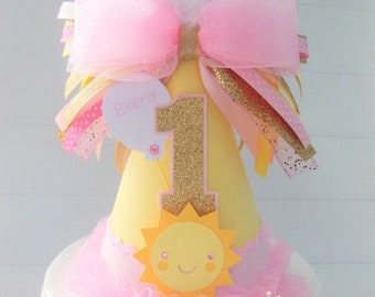 Sunshine Birthday Party Hat, Light Pink, Glitter Gold and Light Yellow, Personalized