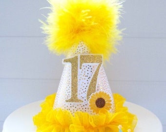 Sunflower Mini Party Hat, Sunflower Mini Birthday Hat, Sunflower Party, Sunshine Party Hat, Glitter Gold and Yellow, Personalized