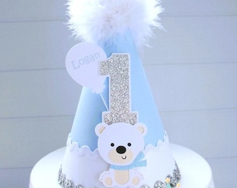 Polar Bear Party Hat, Bear Party Hat, Polar Bear Birthday Hat, Winter Party, Polar Bear Theme, Light Blue, Silver, White, Personalized