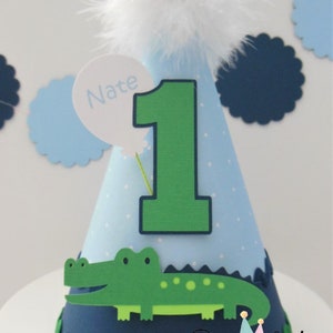 Alligator Party Hat, Alligator Birthday Hat, Preppy Alligator, Bayou Theme, Light Blue Polks Dot, Green, Navy, Personalized