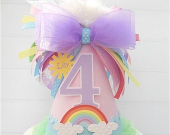 Rainbow and Sunshine Party Hat, Rainbow Party Hat, Pastel Party Hat, Sunshine Party Hat, Pastel Pink, Purple, Mint, Blue, Personalized