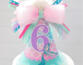 Mermaid Party Hat, Mermaid Tail Birthday Party Hat, Mermaid Party, Sea Party, Pastel Pink, Purple, Aqua Teal and Glitter, Personalized