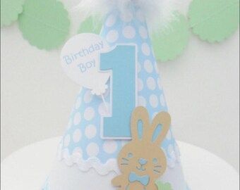 Bunny Party Hat, Easter Birthday, Some Bunny is One, Blue Polka Dot, White, Personalized