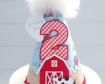 Cow Party Hat, Cow Birthday Hat, Farm Party, Tractor Party Hat, Barnyard Bash, Farm Pattern, Gingham, Burlap, Personalized