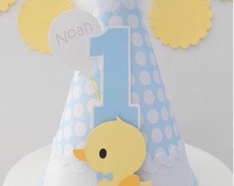 Rubber Duck Party Hat, Rubber Duck Birthday Hat, One Lucky Duck Party, Splish Splash Party Theme, Blue Dot, White, Yellow, Personalized