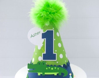 Alligator Party Hat, Bayou Theme, Alligator Party, Alligator Birthday, Green Polka Dot, Navy Blue, Personalized