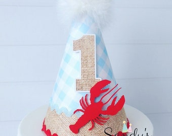 Crawfish Party Hat, Crawfish Birthday Hat, Crawfish Theme, Crawfish Boil, Pinch Me,  Blue Gingham, Burlap, Red, White, Personalized
