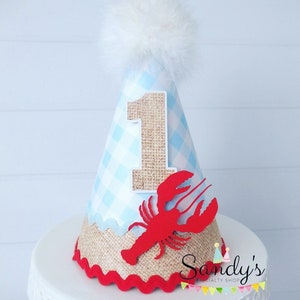Crawfish Party Hat, Crawfish Birthday Hat, Crawfish Theme, Crawfish Boil, Pinch Me,  Blue Gingham, Burlap, Red, White, Personalized