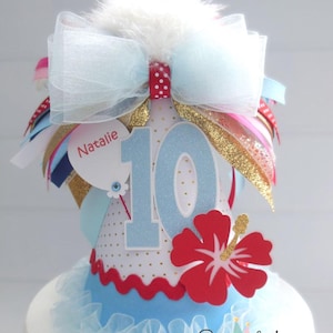 Tropical Party Hat, Tropical Birthday Hat, Tropical Flower, Luau Party Hat, Gold Dot, Red, Blue, Pink, Personalized