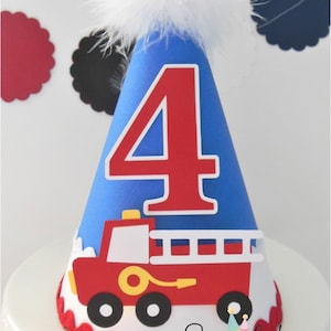 Firetruck Party Hat, Firetruck Birthday Hat, Fireman Theme Party, Blue, Red, White, Personalized