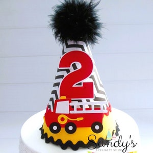 Firetruck Party Hat, Firetruck Birthday Hat, Fireman Theme Party, Black and White Chevron, Yellow, Red, Personalized