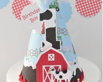 Cow Birthday Party, Farm Party Hat, Barn Party Hat, Barnyard Bash Party, Cow Pattern, Farm Pattern, Personalized