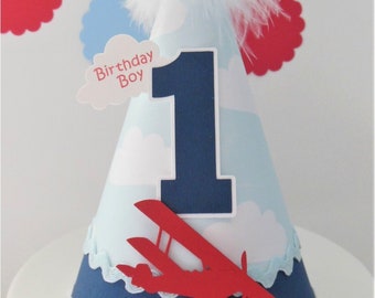 Airplane Birthday Party Hat ,Vintage Airplane, Jet, Light Blue Cloud, Navy, Red, White, Personalized