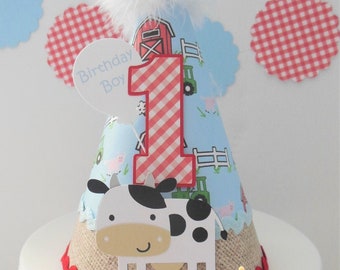 Cow Birthday Party, Farm Party Hat, Barnyard Bash Party, Cow Pattern, Farm Pattern, Burlap Pattern, Red Gingham, Personalized