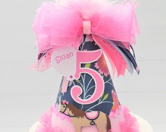 Horse Party Hat,  Pony Party Hat, Barnyard Birthday, Farm Party, Horse Party, Navy Floral, Candy Pink, Light Pink, Personalized