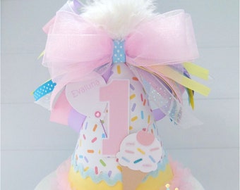 Ice Cream and Sprinkles Birthday Party Hat, Ice Cream Party, Pastel Pink, Yellow, Blue, Aqua, Personalized