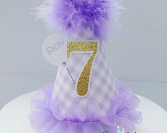 Light Purple Gingham Mini Party Hat, Purple Gingham Mini Birthday Party Hat, Gingham, Gold Glitter