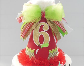 Apple Birthday Party Hat, Apple of My Eye -Red, Apple Green and Gold Glitter, Personalized