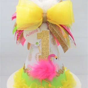 Flamingo Birthday Party Hat, Tropical Party Hat, Flamingo Party Hat, Yellow, Lime Green, Pink, Glitter Gold, Personalized