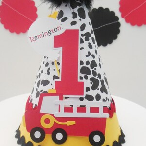 Firetruck Birthday Party Hat, Firetruck Party, Dalmation Print, Black, Red and Yellow, Personalized image 2