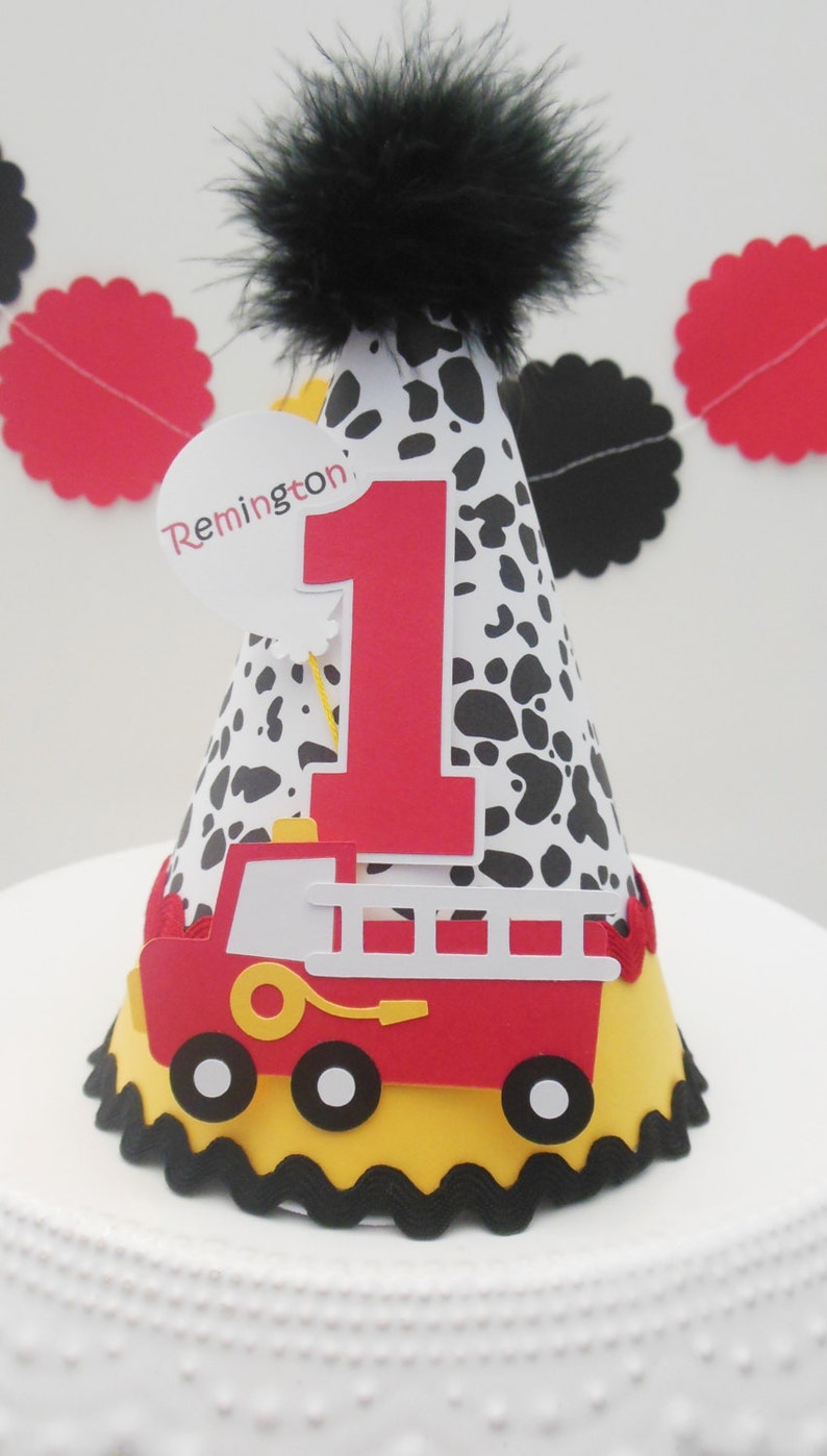 Firetruck Birthday Party Hat, Firetruck Party, Dalmation Print, Black, Red and Yellow, Personalized image 2