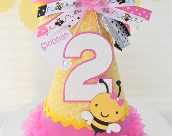 Bee Party Hat, Bee Birthday Hat, Honeycomb Pattern, Yellow, Candy Pink, White Glitter, Personalized