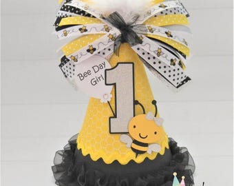 Bee Party Hat, Bee Birthday Hat, Bee Day, Yellow Honeycomb Pattern, Black, Silver, Personalized