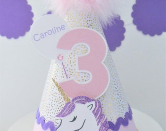 Unicorn Birthday Party Hat, Light Pink, Purple, Gold Speckle, Pink Glitter, Purple Glitter, Personalized