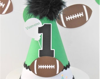 Football Birthday Party Hat, Football Party Hat, Football Team Colors, Green, Black, White, Brown