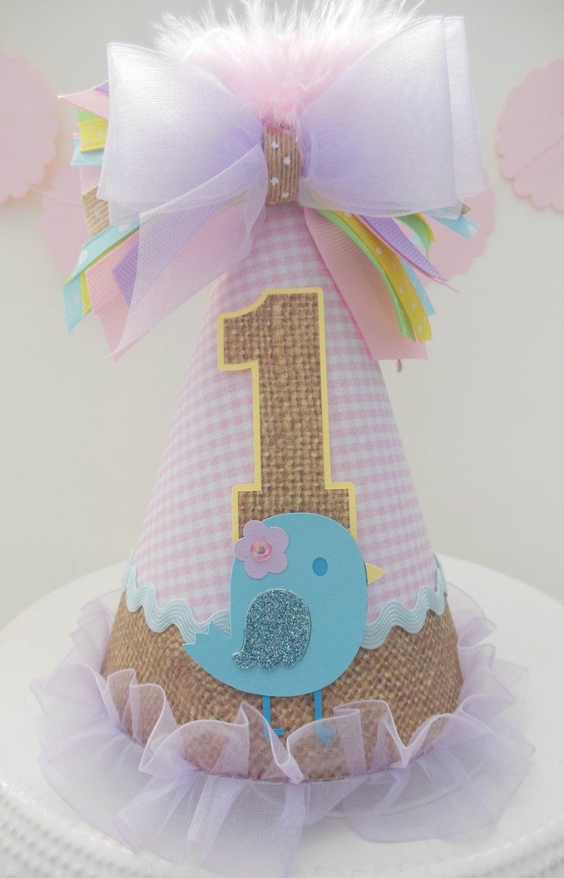 Bird Burlap and Pink Gingham Birthday Party Hat, Pastels Light Yellow, Light Purple, Blue, Pink and Burlap, Personalized image 3