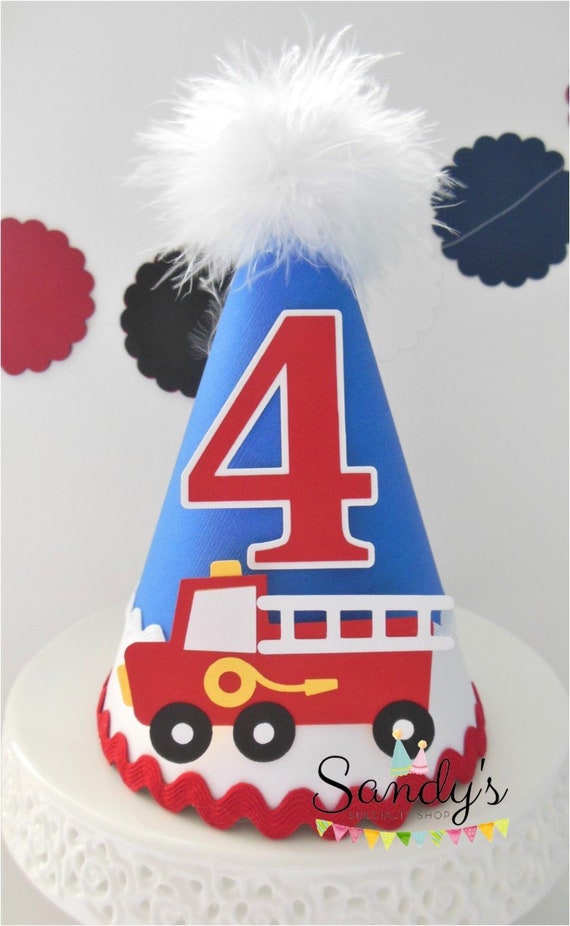 Red Firetruck Birthday Party Hat - Royal Blue, White, Red and Yellow - Personalized - Fireman Il_570xn