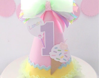 Ice Cream Party Hat, Ice Cream Birthday Hat, Ice Cream Theme, Sweet One, Two Sweet, Light Pink, Yellow, Purple, Pastels, Personalized