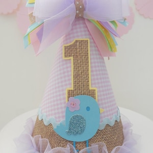 Bird Burlap and Pink Gingham Birthday Party Hat, Pastels Light Yellow, Light Purple, Blue, Pink and Burlap, Personalized image 1