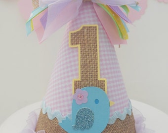 Bird Burlap and Pink Gingham Birthday Party Hat, Pastels - Light Yellow, Light Purple, Blue, Pink and Burlap, Personalized