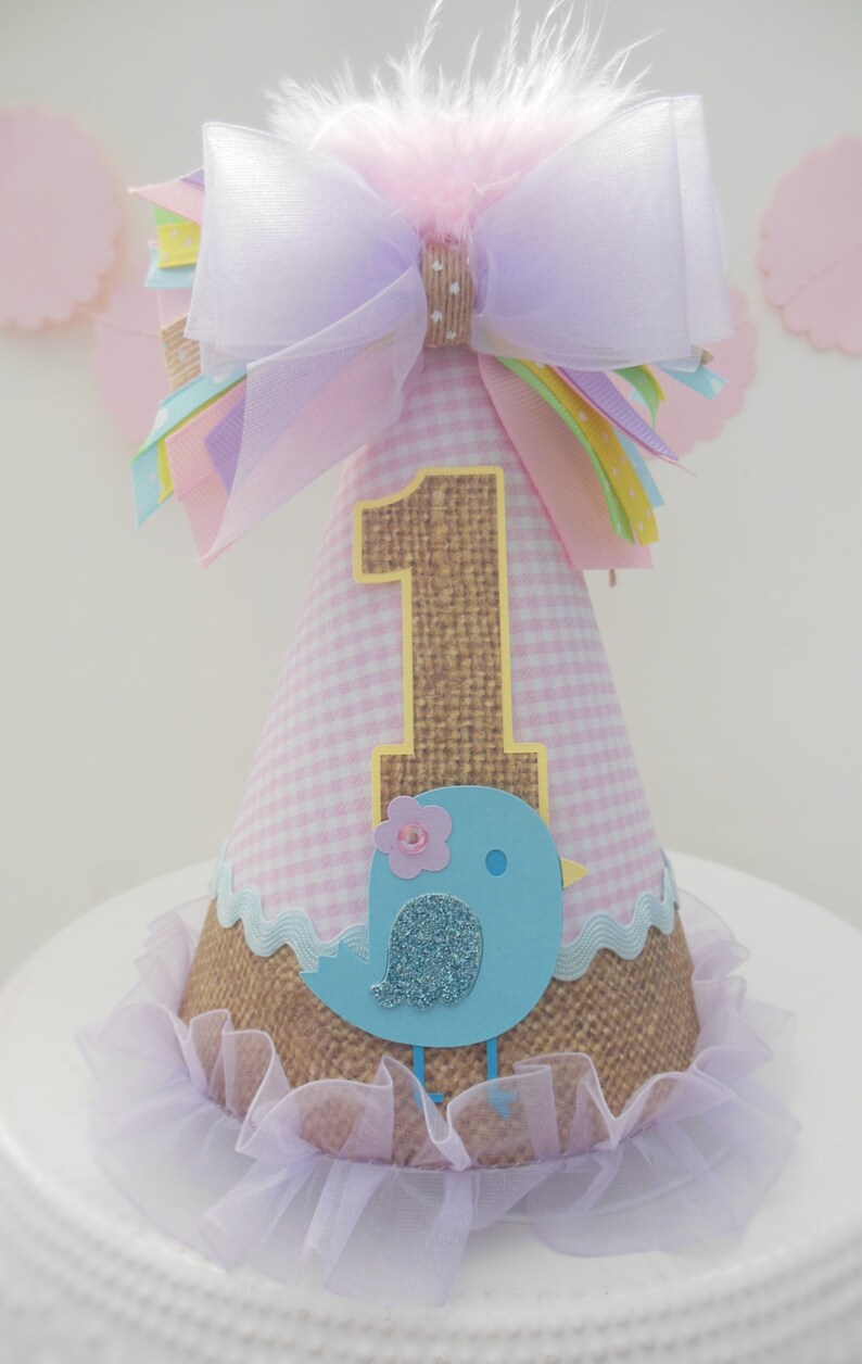 Bird Burlap and Pink Gingham Birthday Party Hat, Pastels Light Yellow, Light Purple, Blue, Pink and Burlap, Personalized image 1