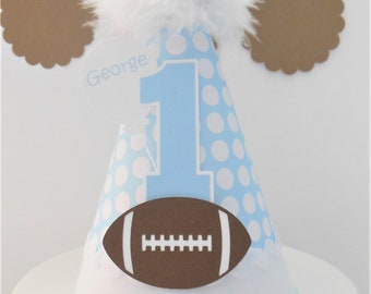 Football Birthday Party Hat, Football Party, Light Blue Polka Dot, White, Brown, Personalized