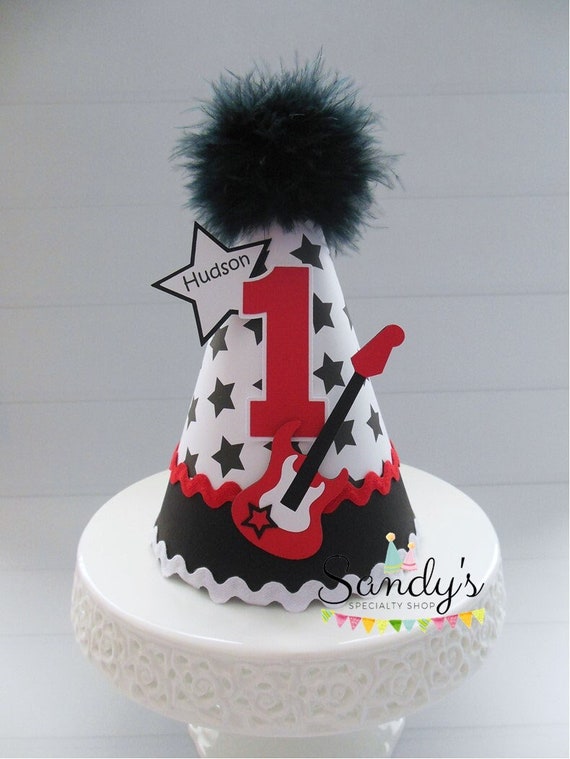 Guitar Rock Star Birthday Party Hat, Rock Star Party, Guitar Party, Red or Blue, Black and White, Personalized Il_570xn