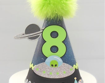 Alien Party Hat,  UFO Party Hat, Space Party Hat, Space Birthday Hat, Space Party Theme, Planet Party Hat, Personalized