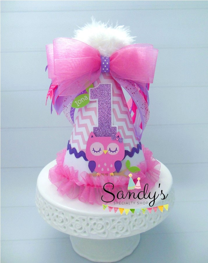 Owl Party Hat, Owl Birthday Hat, Chevron Party Hat, Pink, Purple, Personalized