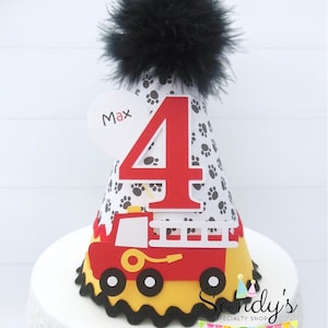 Firetruck Party Hat, Firetruck Birthday Hat, Fireman Theme Party, Black and White Pawprint Pattern, Yellow, Red, Personalized