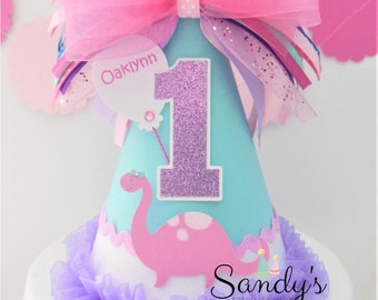 Dinosaur Birthday Party Hat, Girl Dinosaur, Dino Party,  Light Teal, Pink, Purple, White, Personalized